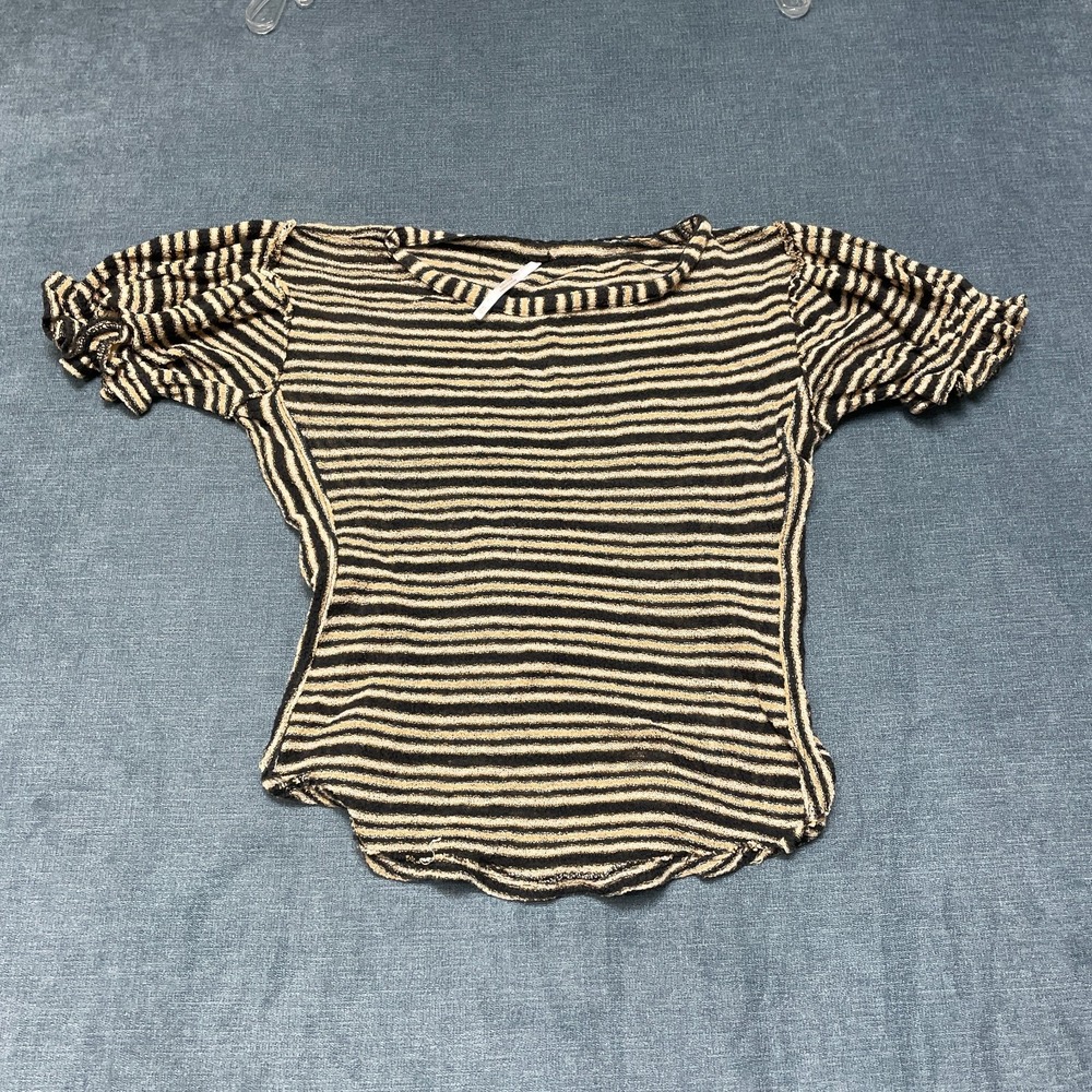Free People T-Shirt Womens XS Black Yellow Striped Knitted Puff Sleeve‎ Boho Tee